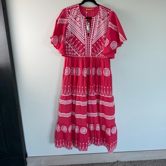 New Oliphant Soleil Red Flirty V-Neck Maxi Dress NWT Boho Casual Women’s Small - Picture 5 of 16
